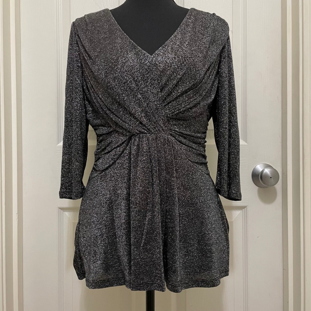 NorthStyle‎ Metallic Shimmer Ruched Top 3/4 Sleeve Black Silver Large Chic Party